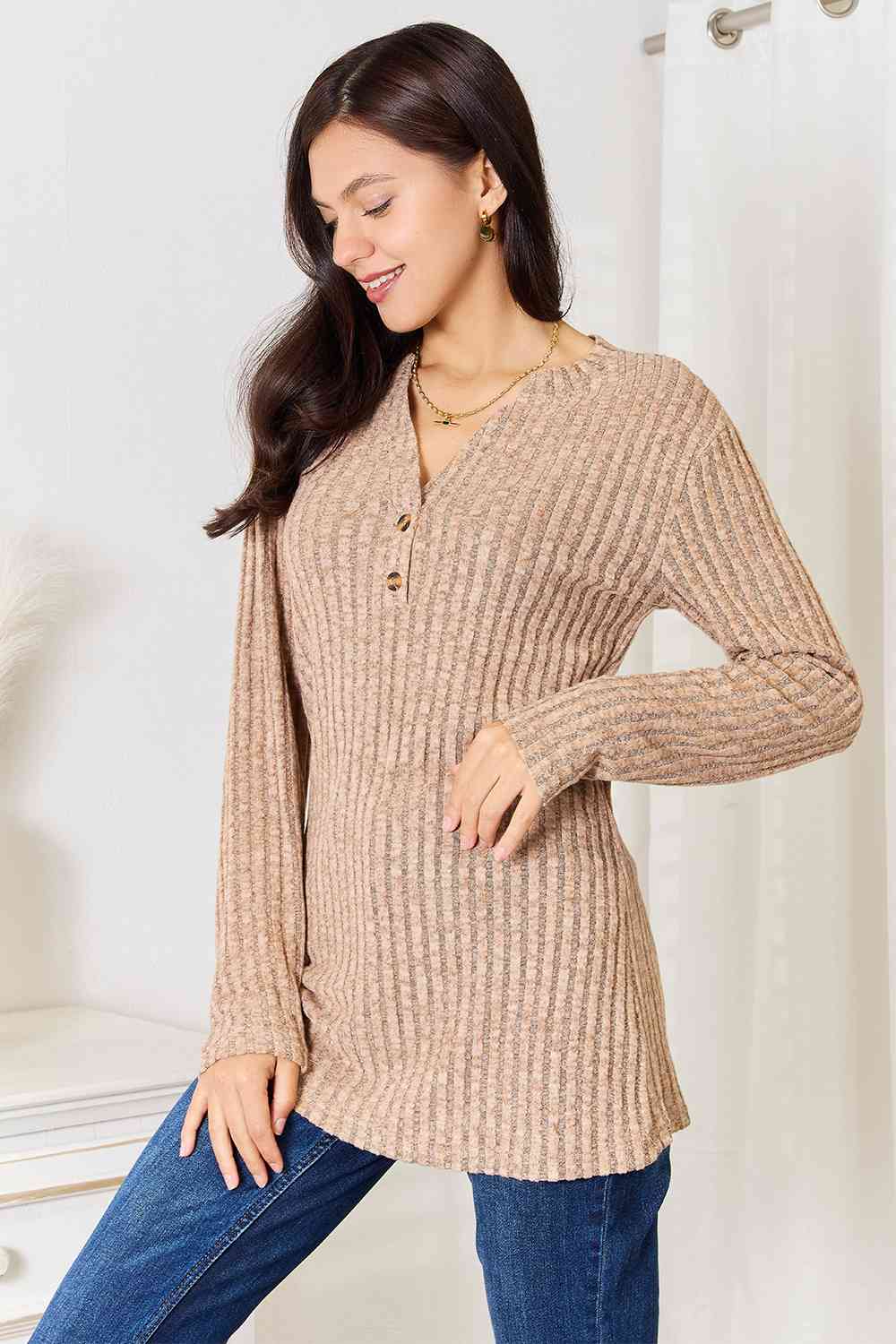 Double Take Notched Neck Ribbed Long Sleeve T-Shirt - Love Salve